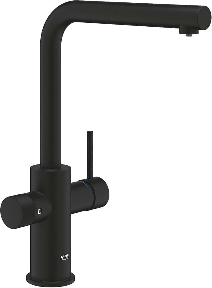 GROHE Blue Pure, Küchenarmatur herausziehbar, mit Filterfunktion (Gefiltertes Wasser: separater Griff, Filter unterhalb Spüle, Wasserhahn 360° schwenkbar, L-Auslauf, ohne Filter) mattschwarz, 30590KF0