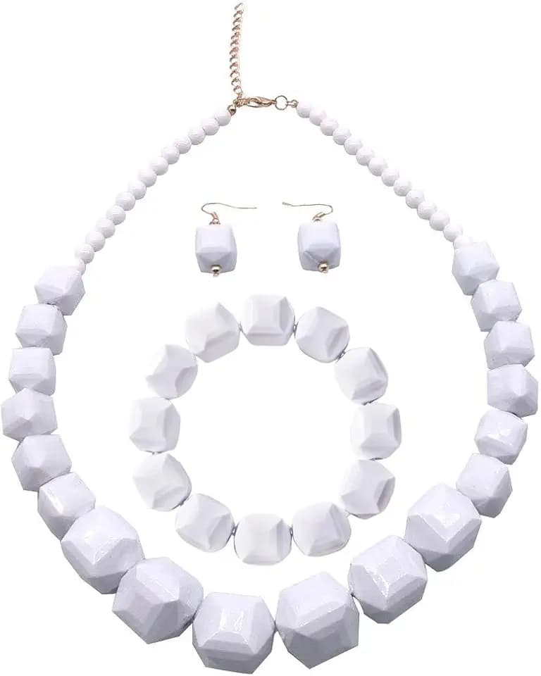 Halawly White Beads Necklace, Acrylic Costume Jewelry for Women Chunky Statement Strand Necklaces with Bracelet Dangle Earrings, Big African Beaded Necklace
