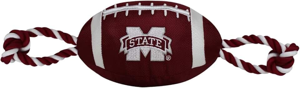 Pets First Mississippi State Football Dog Toy, Tough Quality Nylon Materials, Strong Pull Ropes, Inner Squeaker, Collegiate Team Color