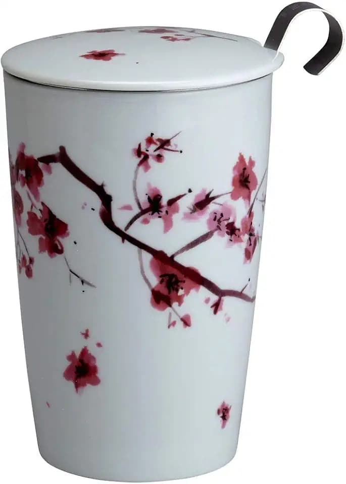 Eigenart Teaeve Cherry Blossom doppelwandiger Becher aus Porzellan mit Deckel und Edelstahlsieb, BPA frei, 350ml, 80007