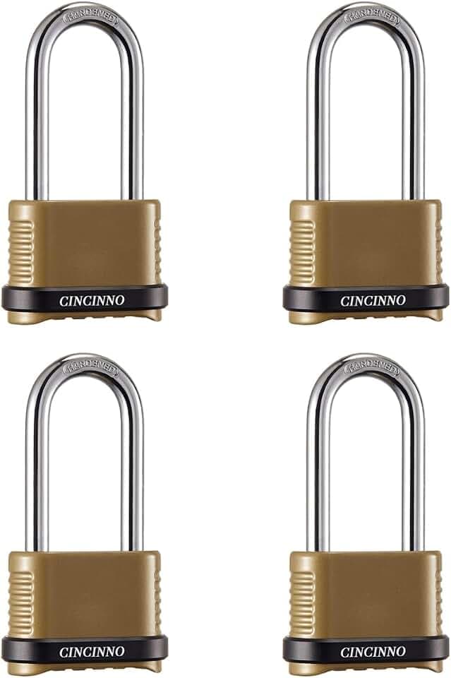 CINCINNO Heavy Duty Combination Lock, 4-Digit Combo Lock with Long Shackle,Weatherproof Combination Padlock for Outdoor Use,4 Pack
