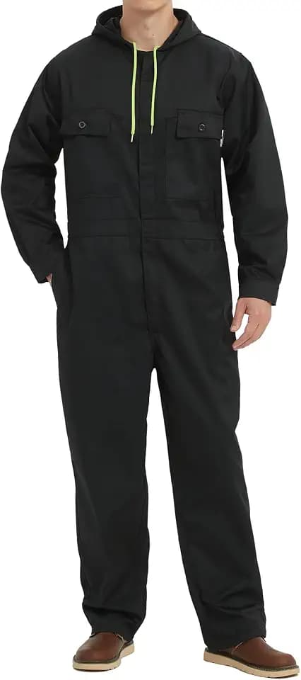 Mens Cotton Blend Long Sleeve Coverall Multi Pockets Zip Overall Mechanic Work Jumpsuit with Hood