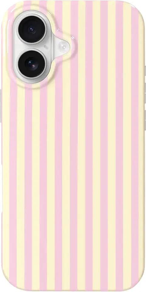 Hython for iPhone 16 Case Cute Striped Aesthetic Design Simple Stripes Cover 6.1", Thin Slim Soft TPU Bumper Shockproof Rubber Protective Phone Cases for Women Girls Girly Boys, Pink and Yellow