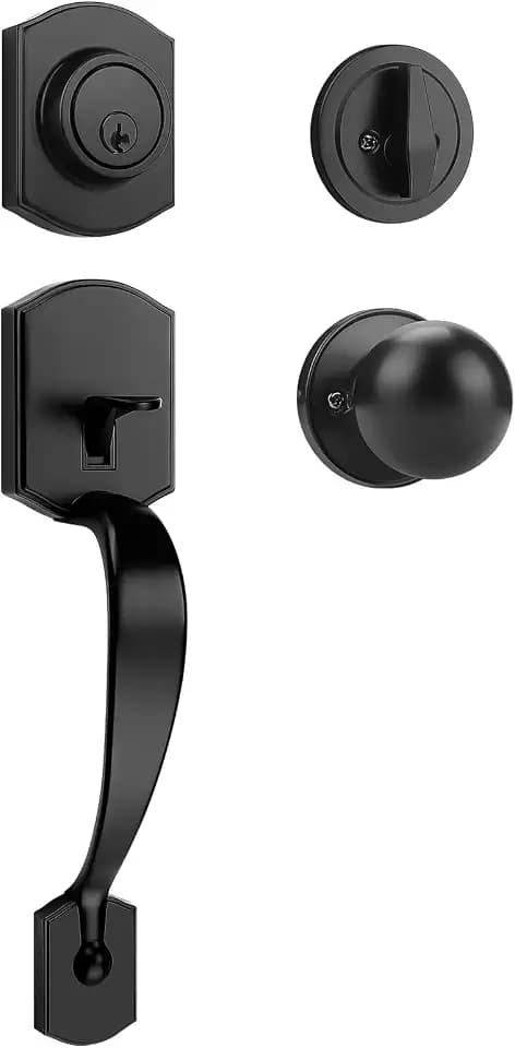 Front Door Lock Set Matte Black Exterior Door Handle, Deadbolt Lock with Interior Door Knob for Entry Doors, Front Door Handle and Single Cylinder Deadbolt Reversible for Left &Right Hand Door