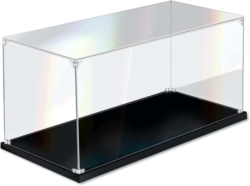Acryl Vitrine Schaukasten Selbstmontage Klar Acrylbox 30 x 20 x 20cm | Staubdichte Transparente Display Case für Lego Bausteinmodelle, Figuren & Spielzeug mit Schwarzer Basis; Handschuhe Putztuch
