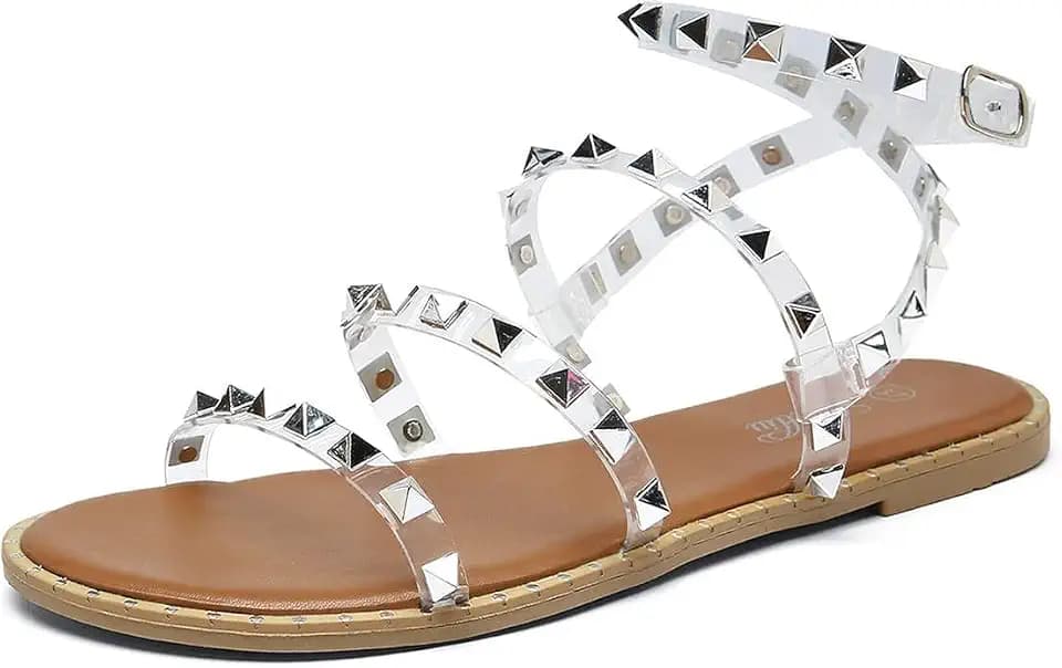 katliu Women's Flat Sandals Strappy Studded Gladiator Sandals