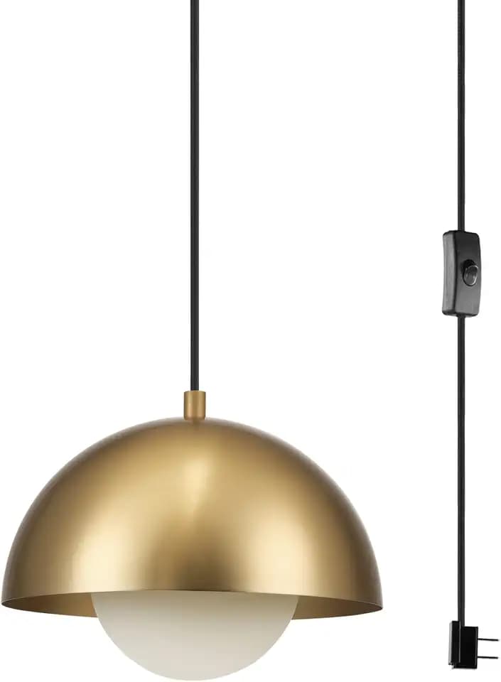 Globe Electric 1-Light Plug-in Pendant Light, Matte Brass Finish, Frosted Glass Shade, 15-Ft Braided Cord, Retro Modern Lighting, 65696