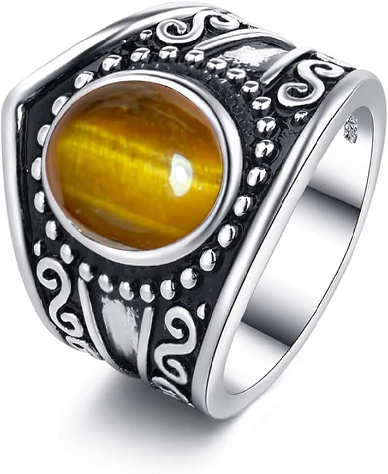 Genuine Crown Gemstone Ring,S925 Sterling Silver Retro Natural Oval Quartz Crystal Stone Boho Wide Band Ring Jewelry for Women