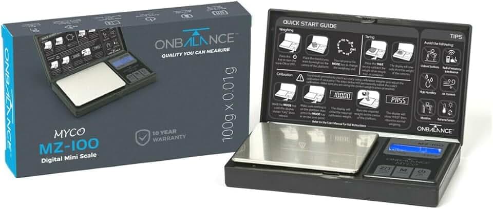 On Balance Myco MZ-100/200 Digitale Mini-Waage, 100 g x 0,01 g Präzision, LCD-Display mit Hintergrundbeleuchtung, tragbares Design für Küche, Schmuck, Reisen (MZ-100)