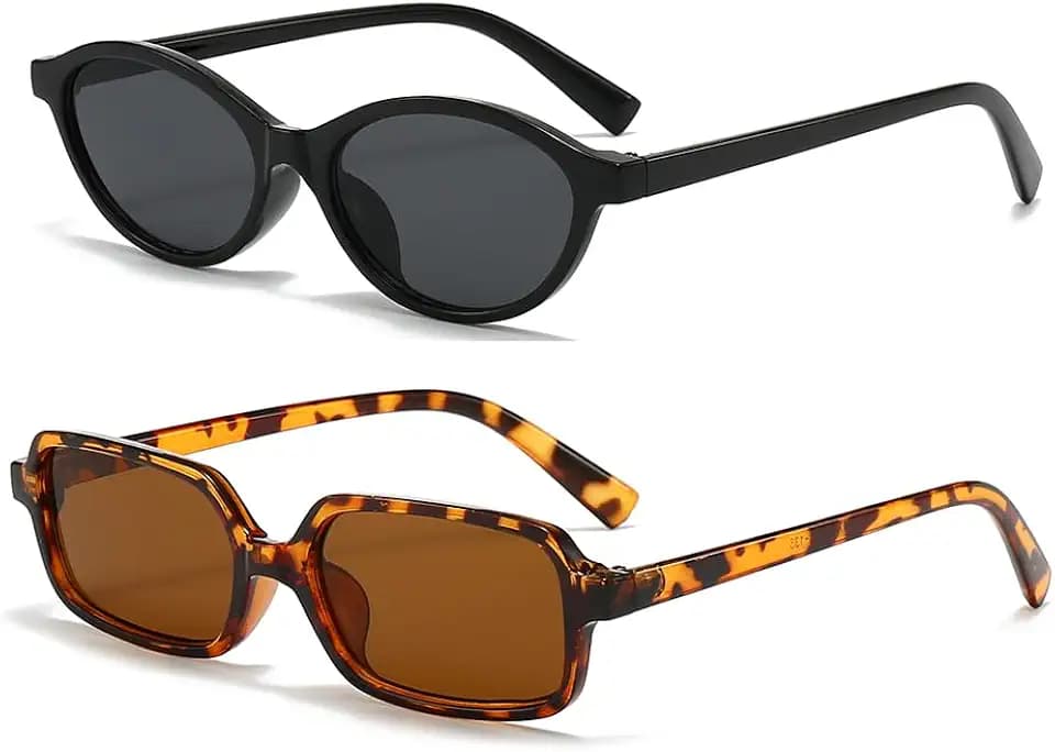 Retro Women Sunglasses 2 Pack, Vintage Cat Eye & Rectangle Sunglasses Set, Trendy UV400 Shades for Driving Daily Wear