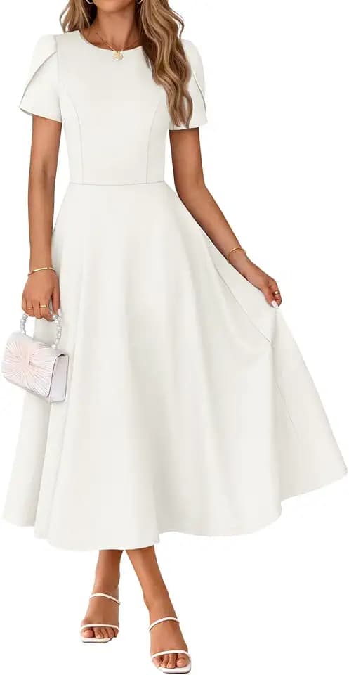 MEROKEETY Women's Midi Dresses Formal Wedding Guest Dress, White, M