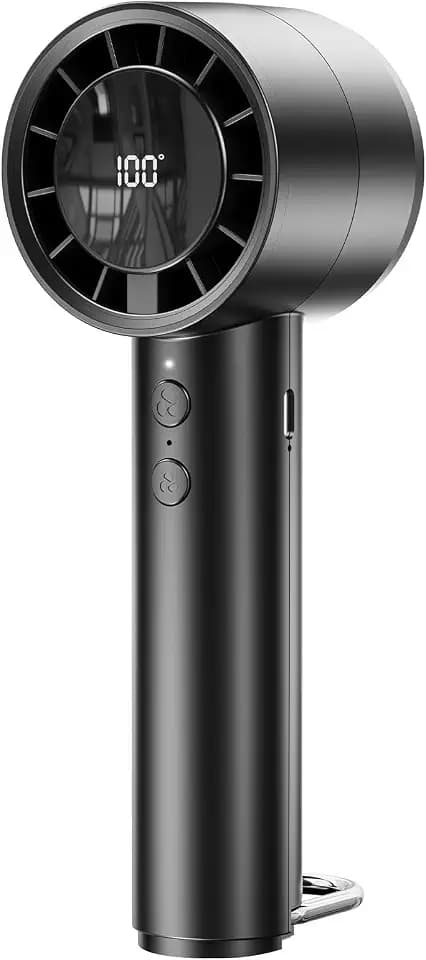 OUILA Handventilator mit Digitalanzeige, 3000mAh Mini Ventilator akku Aufladbar mit LED-Akkustandsanzeige, 5-Stufige Windgeschwindigkeit und D-Ring-Haken für Reisen Büro Zuhause