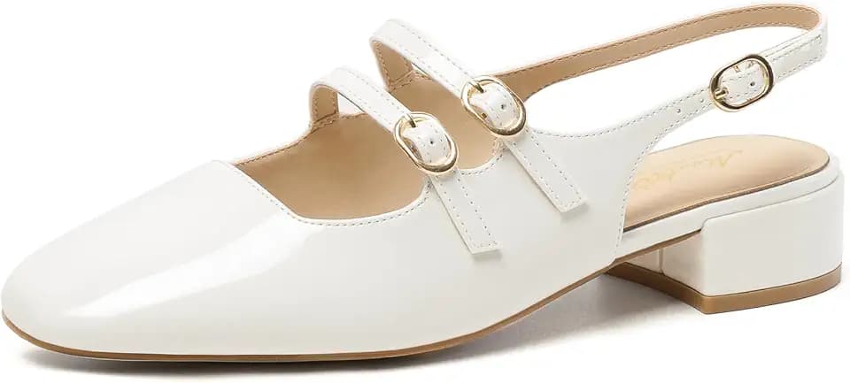 Mostrin Mary Jane Shoes Women Slingback Chunky Low Heels for Women Closed Rounded Toe Ankle Strap Pumps Daily Wedding Party Dress Shoes