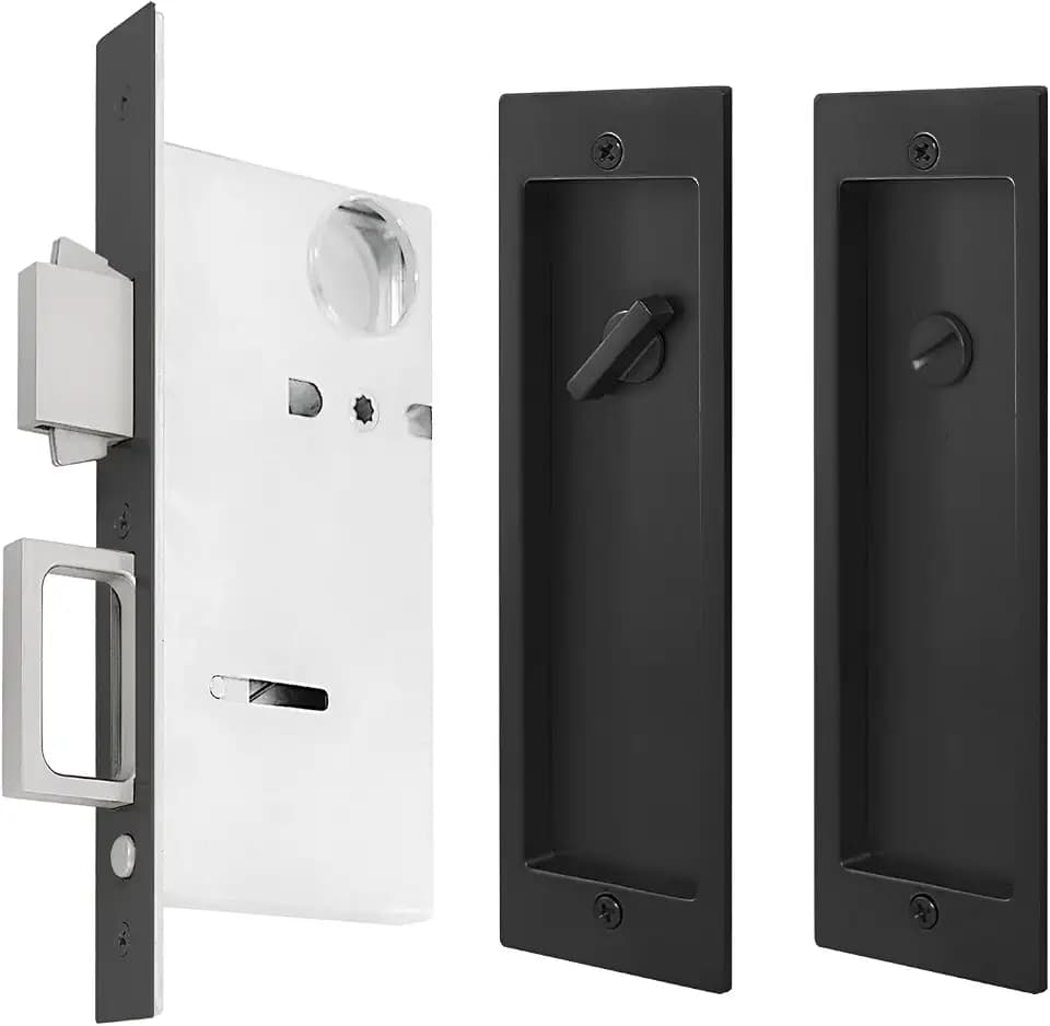Pocket Door Lock,Modern Rectangular Pocket Door Hardware, Finger Flush Pulls with Edge Pull for Pocket Doors, Sliding Doors,Folding Doors etc (Black, Privacy Lock)