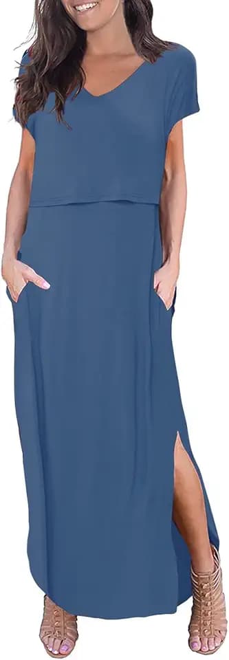 Smallshow Damen Lang Split Stillkleid Kurzarm Umstandskleid Sommer