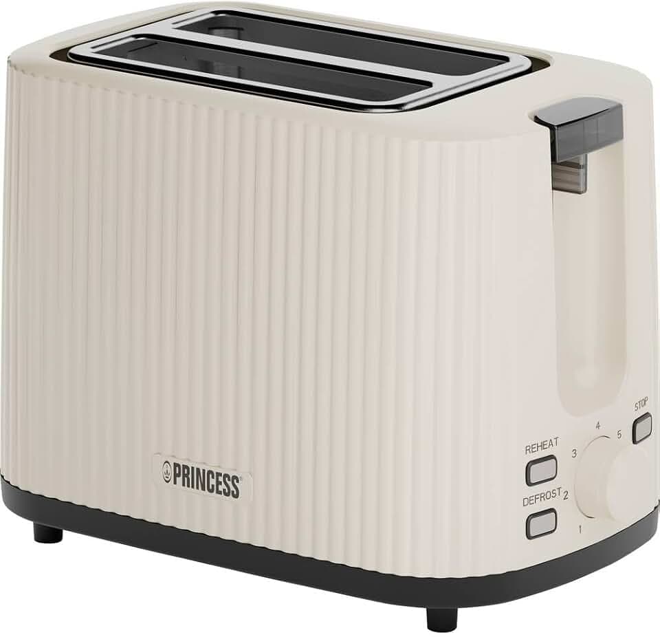 Princess Toaster Wave, 2-Scheiben-Toaster, 7 Bräunungsstufen, herausnehmbare Krümelschublade, Auto-Zentrierung, Auftaufunktion, automatische Abschaltung, rutschfeste Füße, Beige, 930 W, 142337