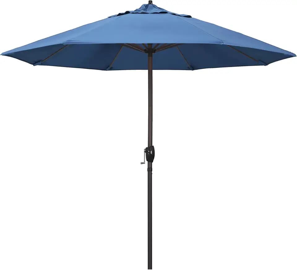 California Umbrella 9' Round Aluminum Outdoor Deck, Pool or Patio Umbrella, Crank Lift, Auto Tilt, Bronze Pole, Frost Blue Olefin