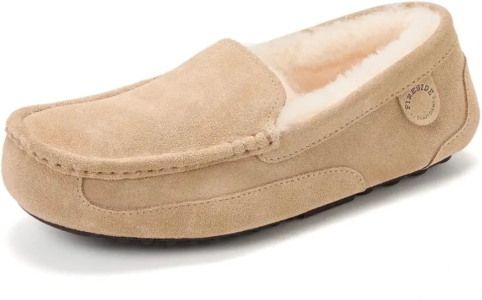 Fireside By Dearfoams Men's Melbourne Genuine Shearling Moccasin Slippers, Memory Foam Sudede Loafers Slip-in House Shoes