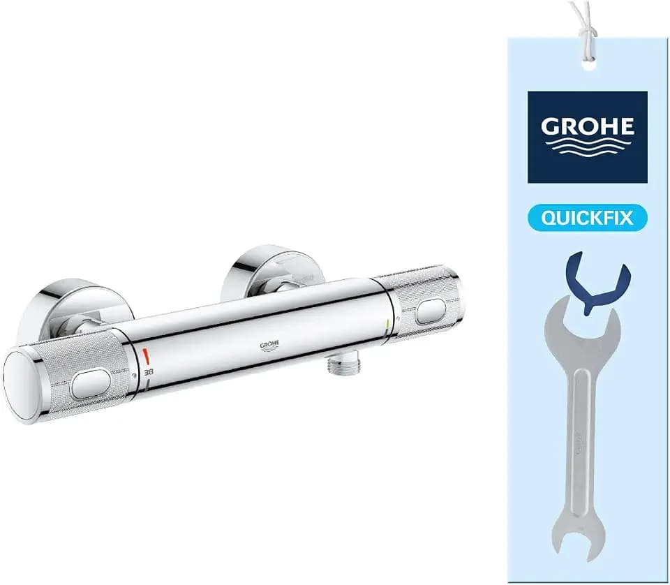 GROHE Precision Feel, Duscharmatur, wassersparend (Thermostat hält Temperatur konstant, Mischbatterie mit kühler Oberfläche, Sicherheitssperre 38°C, Anti-Rutsch Griffe, mit 3in1 Tool), chrom, 34790000