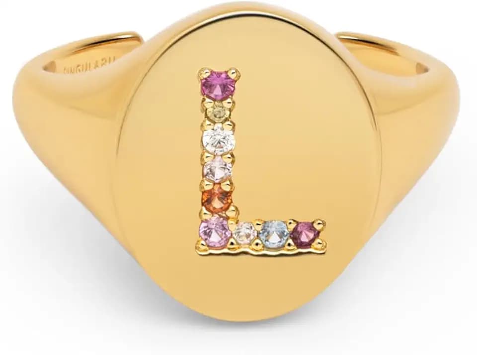 SINGULARU - Personalisierter Ring Signet Letter Colors. Messing mit 18 Kt Vergoldeter Beschichtung und Zirkonia. Schmuck für Damen. Buchstabe A-Z.