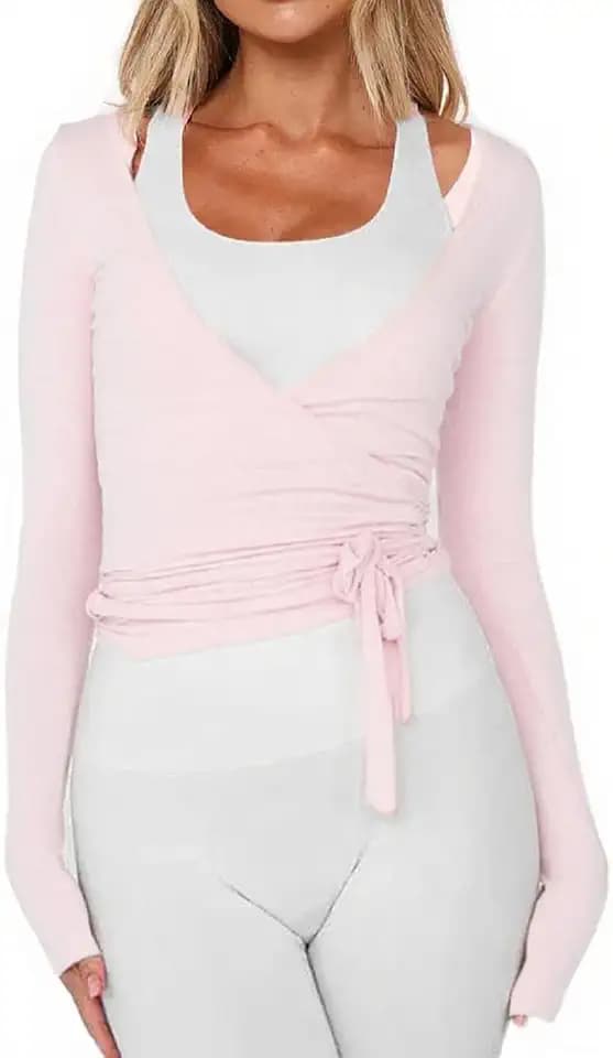 Womens Wrap Tie Top Y2k Long Sleeve Deep V Neck Cross Tie Ballet Workout Yoga Coquette Top