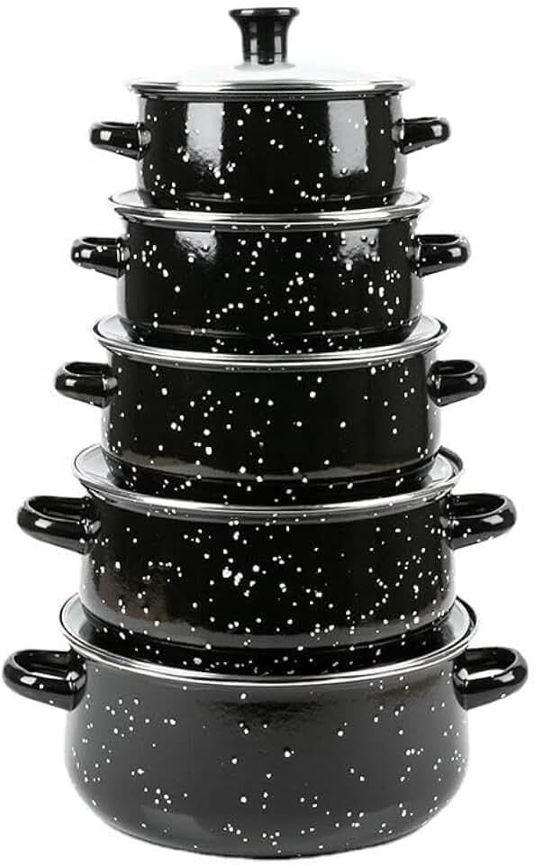 Herzberg HG04128, 10-teiliges Topf- und Bräter-Set mit Glasdeckeln, schwarzer Emaille, bequeme Griffe, vielseitige Größen (16-24CM), überlegene Haltbarkeit, leicht zu reinigen.