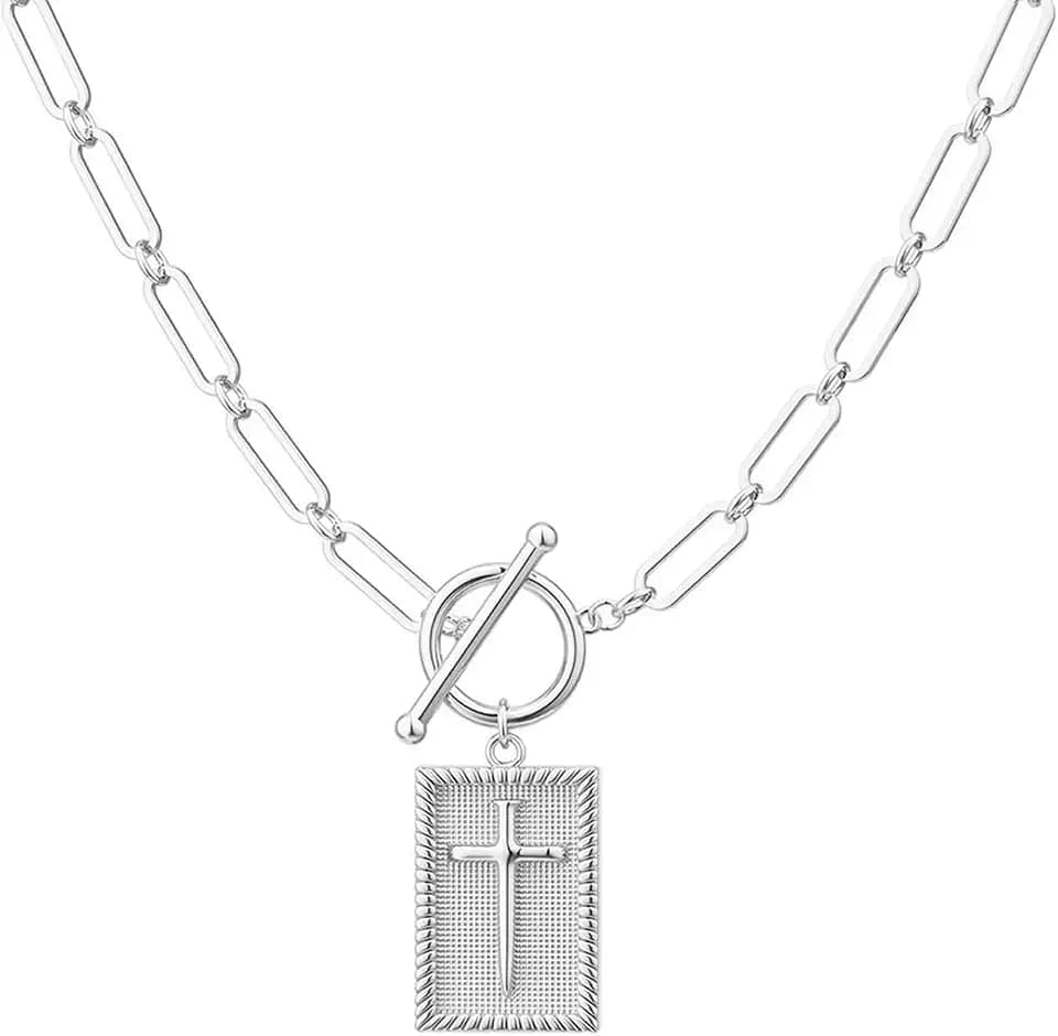 HETICA Chunky Cross Necklace for Women, Toggle Clasp Paperclip Chain