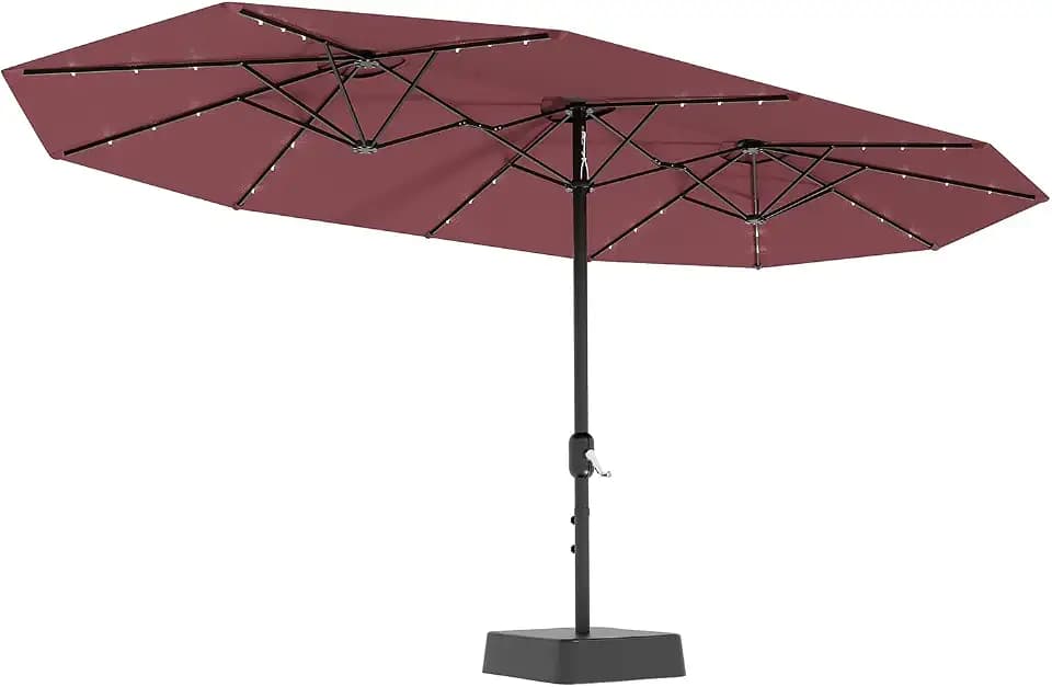 15FT Outdoor Patio Umbrella,Double-Sided Rectangle Market Umbrella with 36 LED Solar Lights & Base,UV50+ Weather-Resistant Oversized Outdoor Umbrella,Crank Lift,3-Way Shade for Pool,Garden,Backyard
