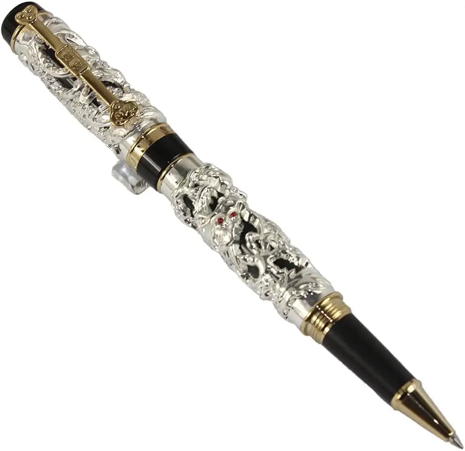 Gullor Edelste Drache und Phoenix Rollerball mit PU-Leder-Feder-Beutel - Silber und Schwarz