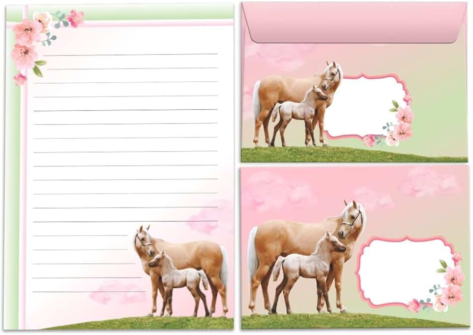 Briefpapier-Set für Mädchen, Pferd mit Fohlen, Pferde, Briefblock mit Umschlag für Kinder, Block A5 mit 25 Blatt, 15 Umschläge