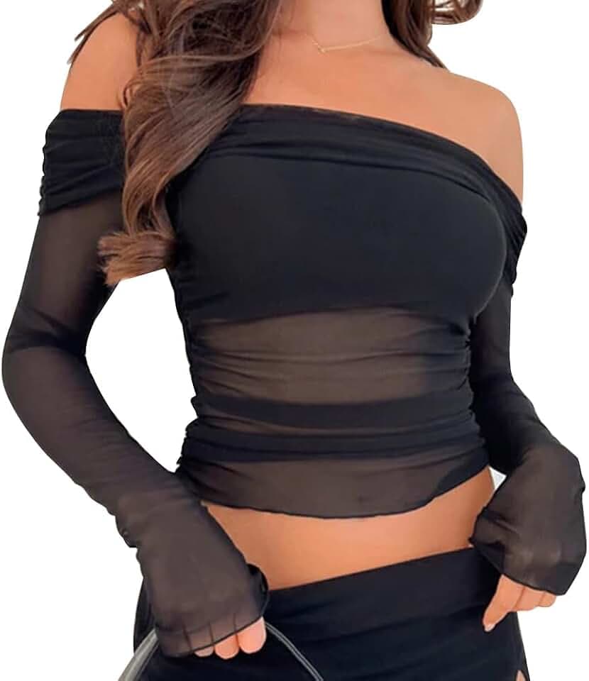 Odizli Damen Sexy Off Shoulder Langarm Transparent Mesh Y2K Party Crop Top Streetwear