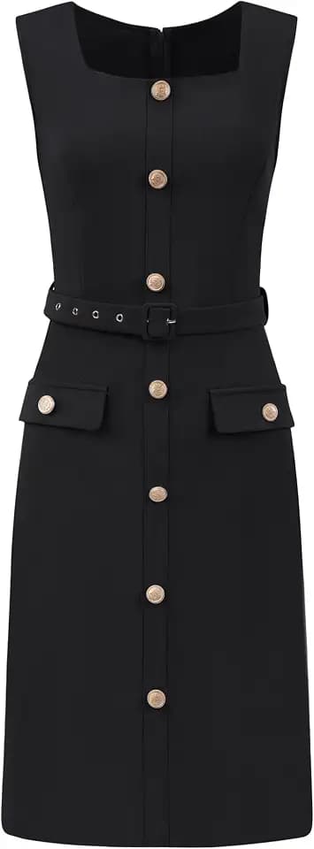 Hobemty Women's Sleeveless Office Dress Square Neck Button Work Bodycon Pencil Dresses with Belted