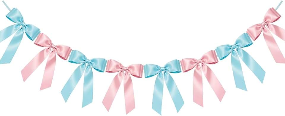 1-String Pink & Blue Bow Garland Banner, 8 Pre-Strung Double-Loop Satin Ribbon Bows, Valentines Day Decor for Baby Shower Bridal, Birthday & Wedding Party, Reusable Girls Coquette Room Wall Decor
