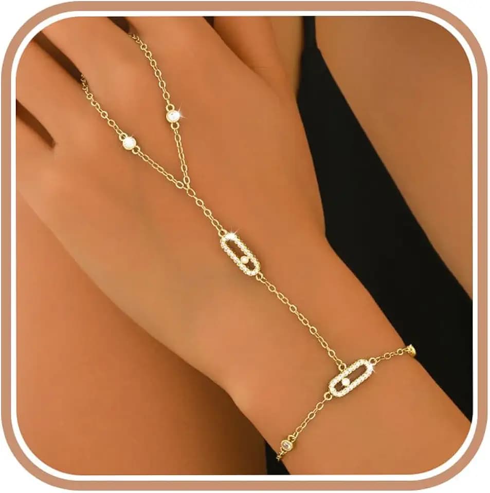14K Gold Plated Paperclip Finger Chain Bracelet for Women