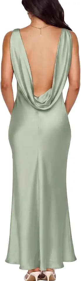 Phicia Summer Satin Formal Backless Boat Neck Maxi Wedding Guest Dresses