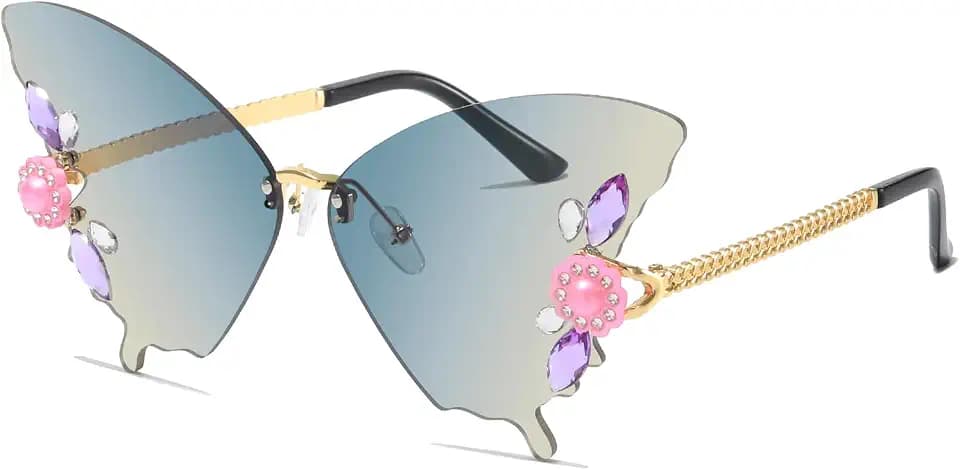 YAMEIZE Vintage Strass Schmetterling Rimless Sonnenbrillen - für Damen Herren Trendy Diamant Kristall Schmetterling geformt Rhinestone Butterfly Eyewear UV-Schutz Party