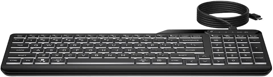 HP Kabelgebundene Tastatur mit 400 Hintergrundbeleuchtung, warmweiße LED-beleuchtete Tasten mit 3 Helligkeitsstufen, schlankes und tragbares Design, 12 programmierbare Tasten, USB-C-Kabel und