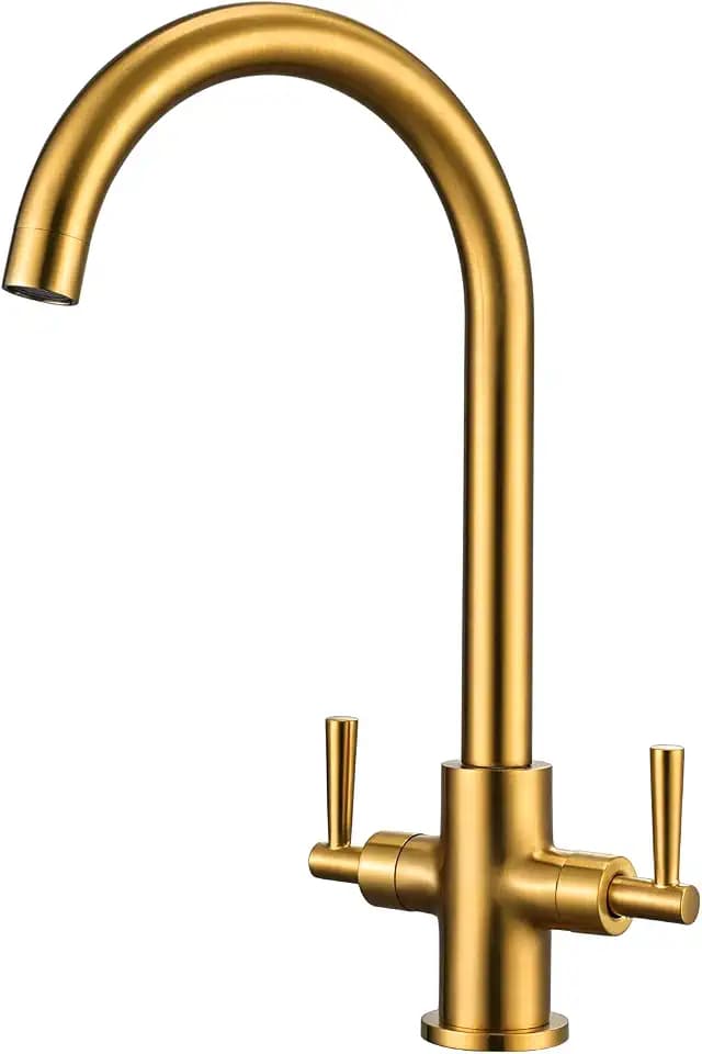 Peppermint Gebürstetes Gold Küchenarmatur Doppelhebel Rustikale Monobloc Gold Mischbatterie Küchenspüle Armaturen Edelstahl Traditionelle Schwanenhals 360° Schwenkbar Mischbatterie 1 Loch für Vintage