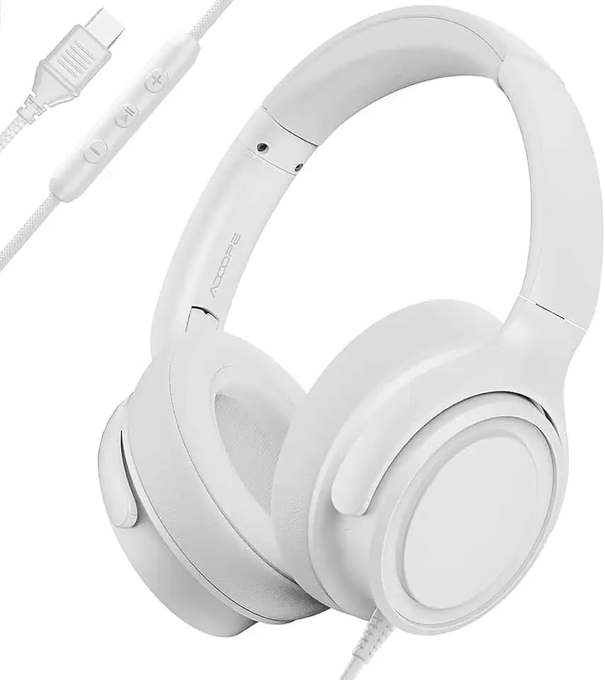 ADOOPE USB C Wired Over-Ear Headphones with Mic, White, No Bag