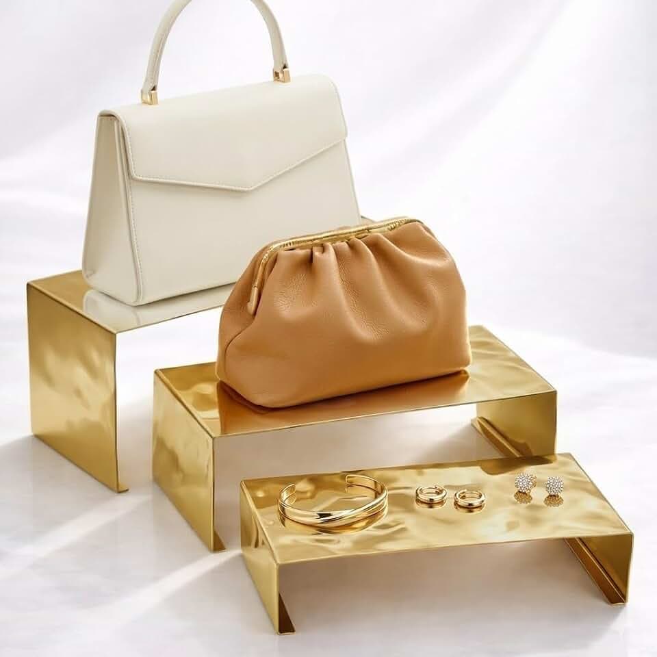 3 Pcs Ripple Stainless Steel Purse Display Stand for Perfume Gold