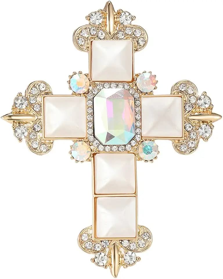 Vintage Rhinestones Cross Brooch for Women Men Gold Plated Elegant Sparkling Crystal Cubic Zirconia Cat's Eye Stone Lapel Pins Dress Coat Sweater Suit Party Wedding Ceremony Accessories Jewelry
