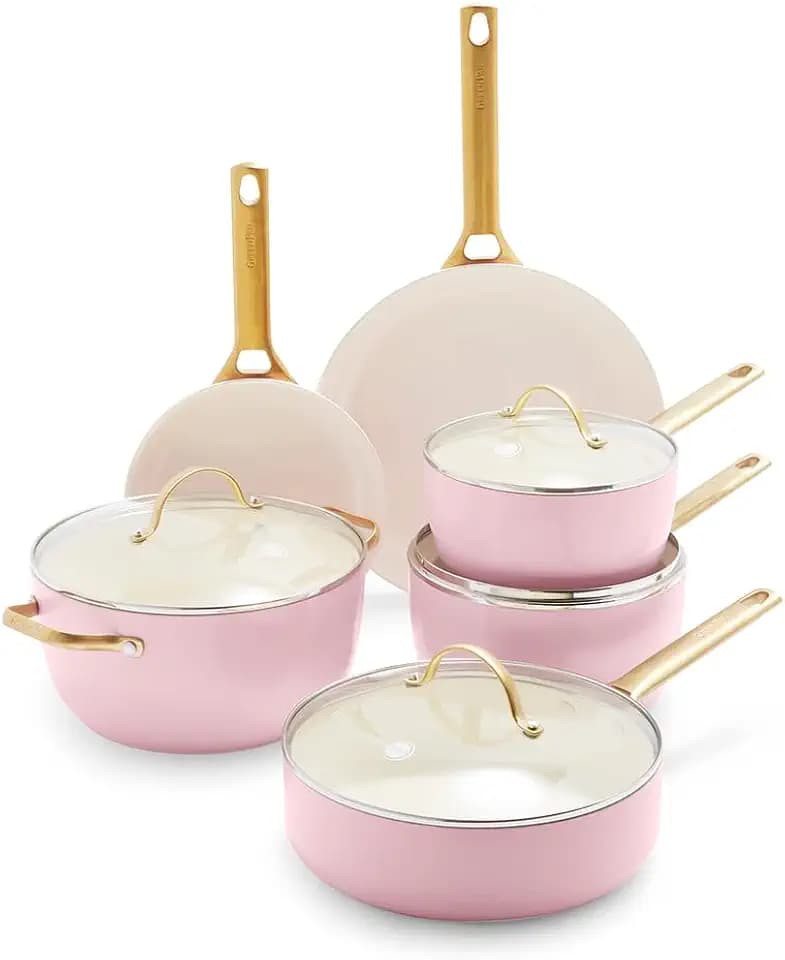 GreenPan Reserve Harteloxiertes Gesundes Keramische Antihaft-Kochgeschirr Set,10 Teile,Inklusive Bratpfannen Sautierpfanne und Kochtopf,Goldgriff,PFAS-frei,Induktion,Backofenfest,Erröten Rosa