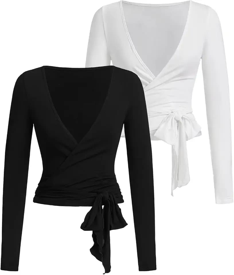SweatyRocks Women's Pilates Wrap Tops Ballet Yoga Coquette Shirt