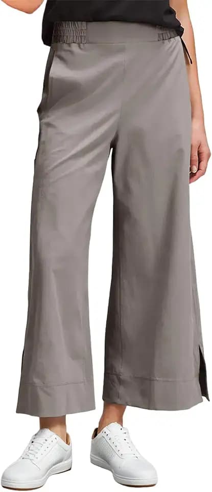 Dokotoo Womens Summer Lightweight High Waist Wide Leg Stretch Baggy Pants Casual Quick Dry Split Cropped Pants with Pockets