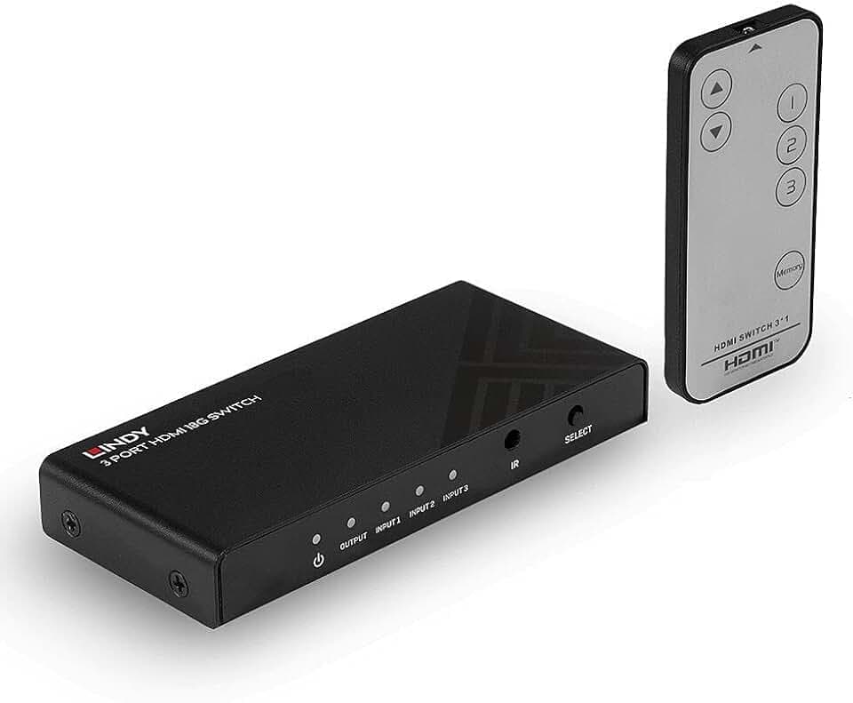 LINDY 38232 – HDMI 18G Switch, 3 Ports – Wählen Sie 1 von 3 4K@60 Hz Quellen zur Anzeige auf 1 Display, mit 4K@60 Hz High Resolution, HDR Support, IR-Fernbedienung und Auto-Switching Funktion
