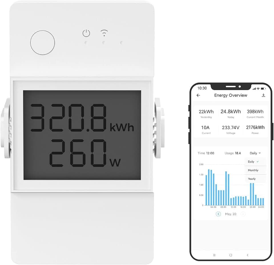 SONOFF POW320D Elite Smart Schalter mit Leistungsmesser, 20A WiFi Smart Switch LCD Digitalenergiezähler, Überlastschutz Strommessgerät Kompatibel mit Alexa/Google Home