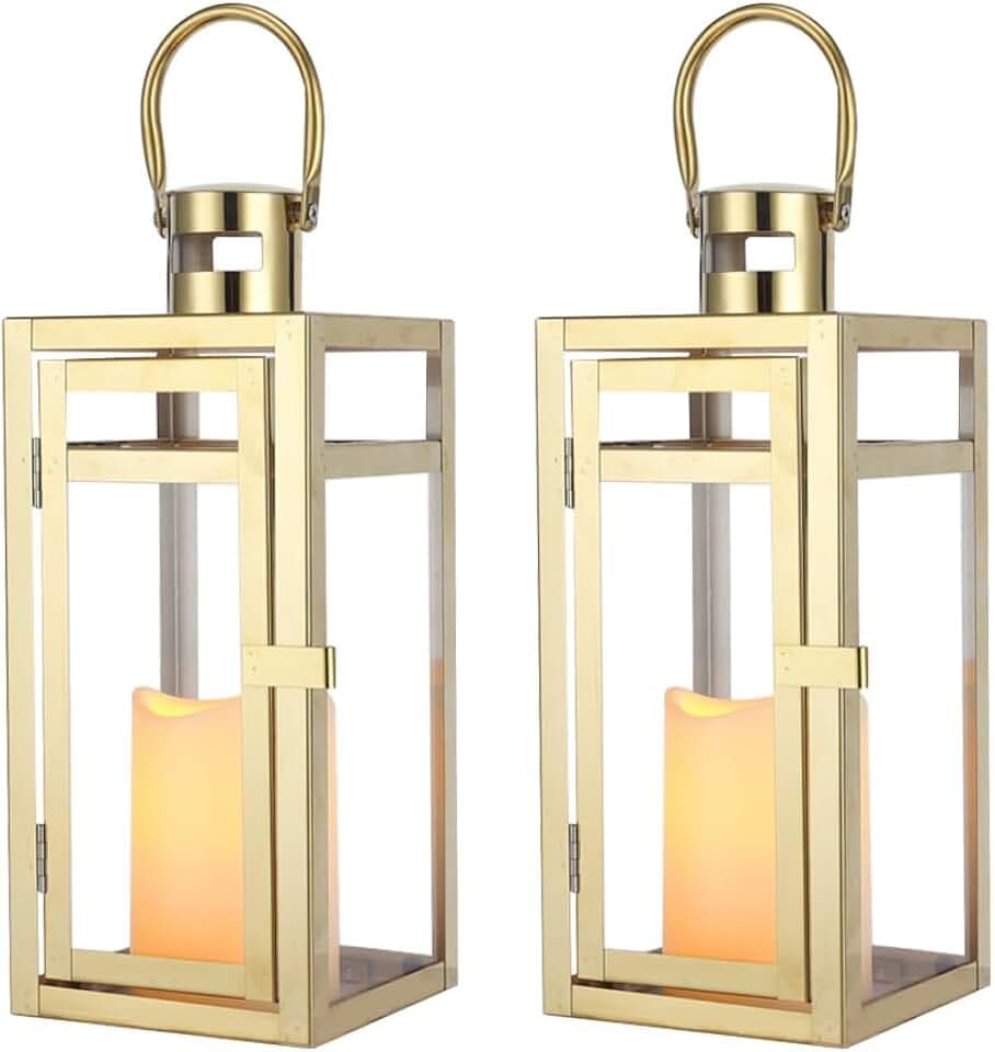 TRIROCKS Set of 2 Stainless Steel Decorative Lantern 12'' High Metal Candle Holder Outdoor Candle Lantern with Tempered Panels for Home Decor Living Room Parties Events Tabletop Indoor Outdoor (Gold)