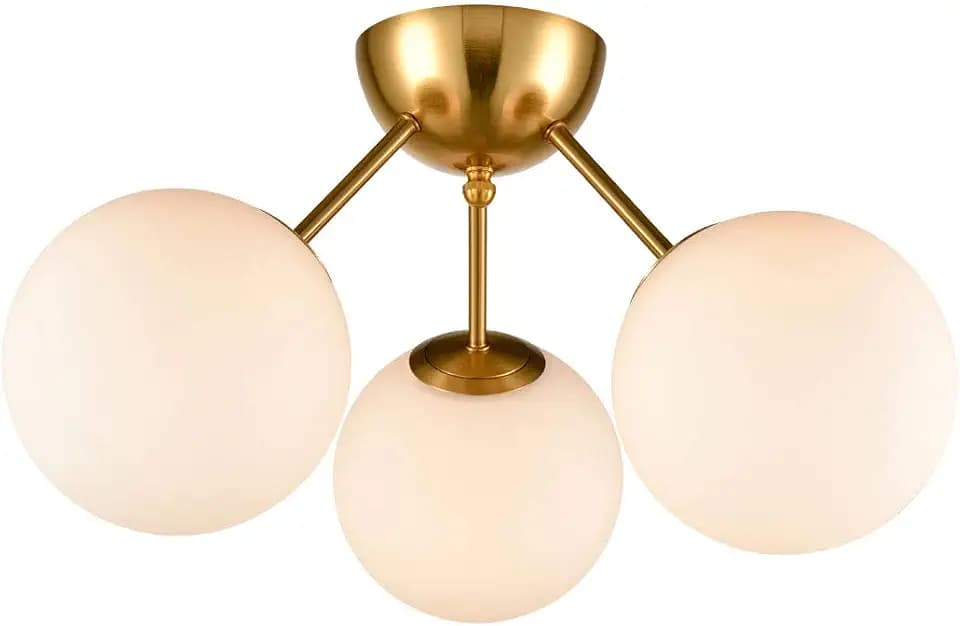 HOLKIRT Mid-Century Modern Sputnik Ceiling Light, White Glass Gold 3-Light