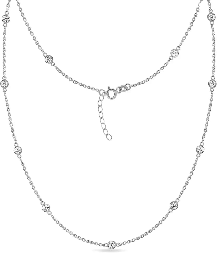 LeCalla 925 Sterling Silver CZ Station Necklace for Women | Italian Round Cubic Zirconia Station Chain Necklace (16, 18, 20, 24 Inches)