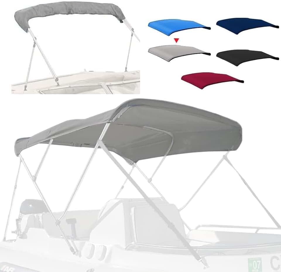 3 Bow Bimini Top Replacement Cover,600D Marine Grade Polyester Waterproof Sun Shade Boat Canopy,Easy Install Zipper Sleeves Boat Awning/Without Frame,Gray 6'L 54"-60" W
